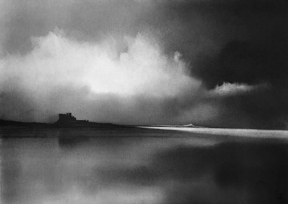 A monochrome print of Lindisfarne from the south