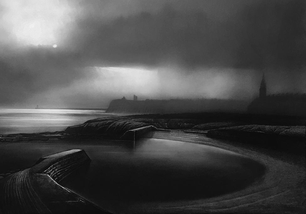 A monochrome drawing called Towards Tynemouth